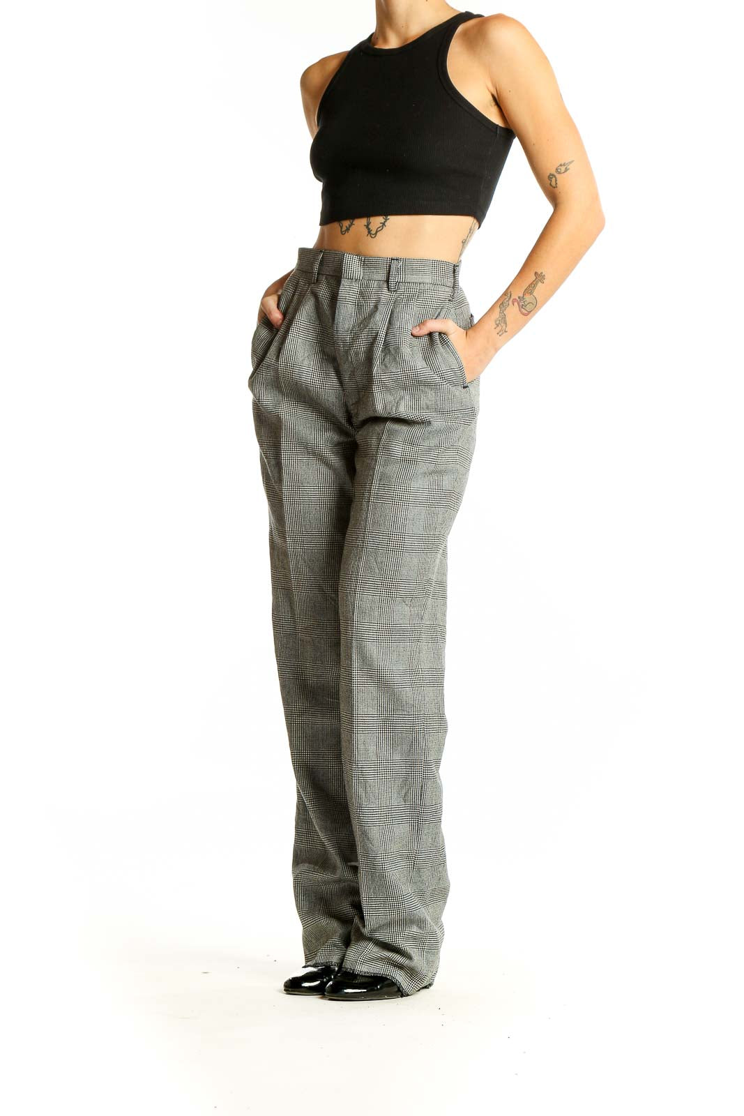 Front view of SilkRoll gray plaid wide-leg trousers on model