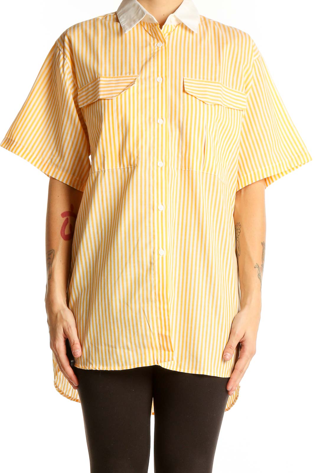 Front view of Diane von Furstenberg yellow striped button-up shirt