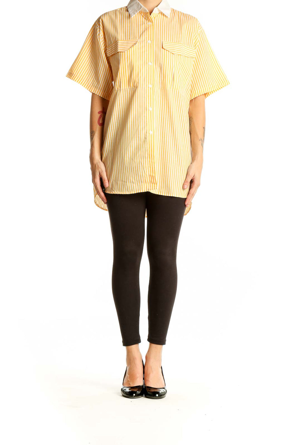 Front view of Diane von Furstenberg yellow striped button-up shirt