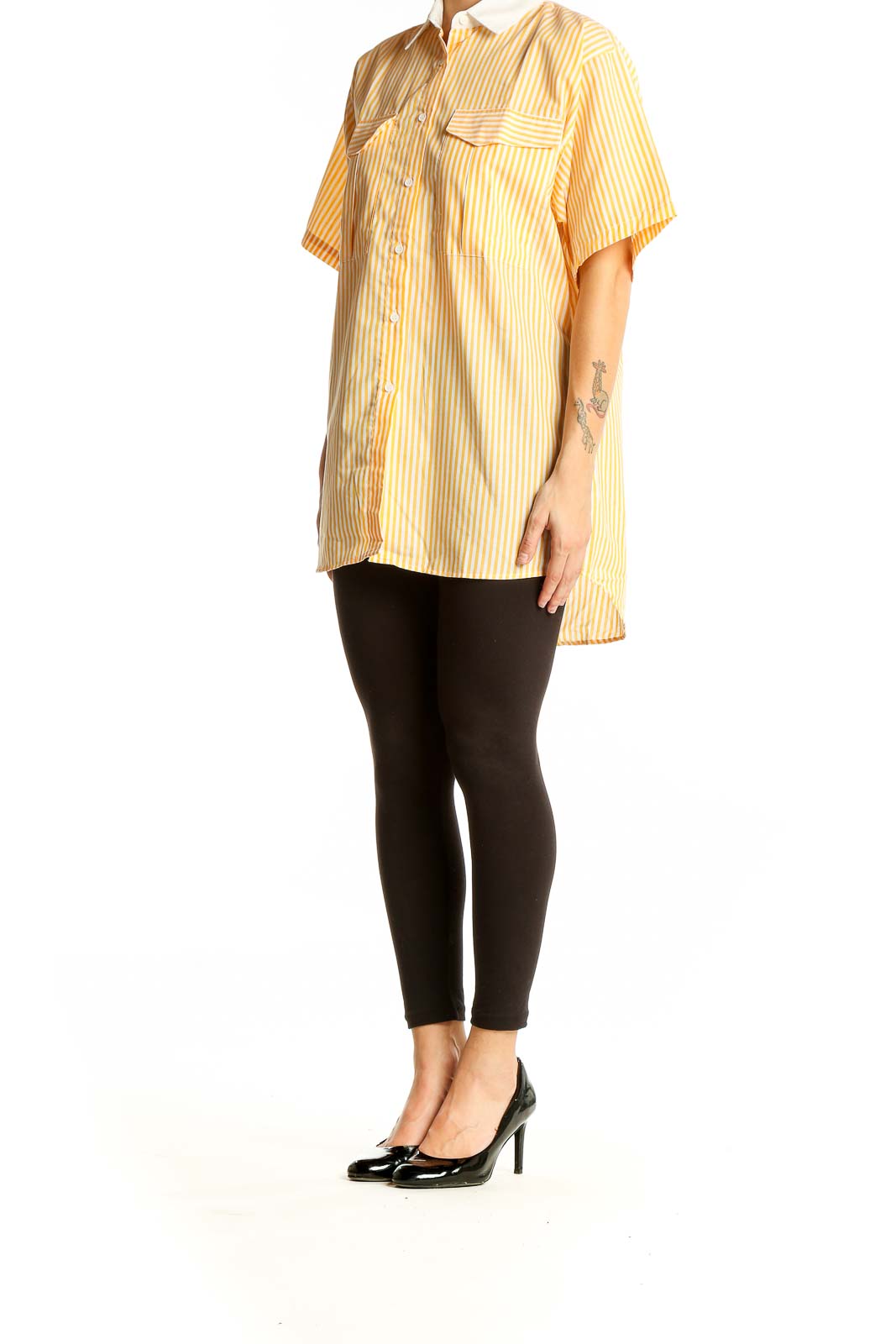 Front view of Diane von Furstenberg yellow striped button-up shirt