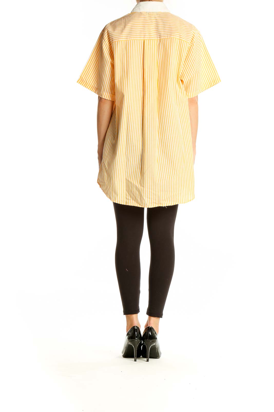 Back view of Diane von Furstenberg yellow striped button-up shirt