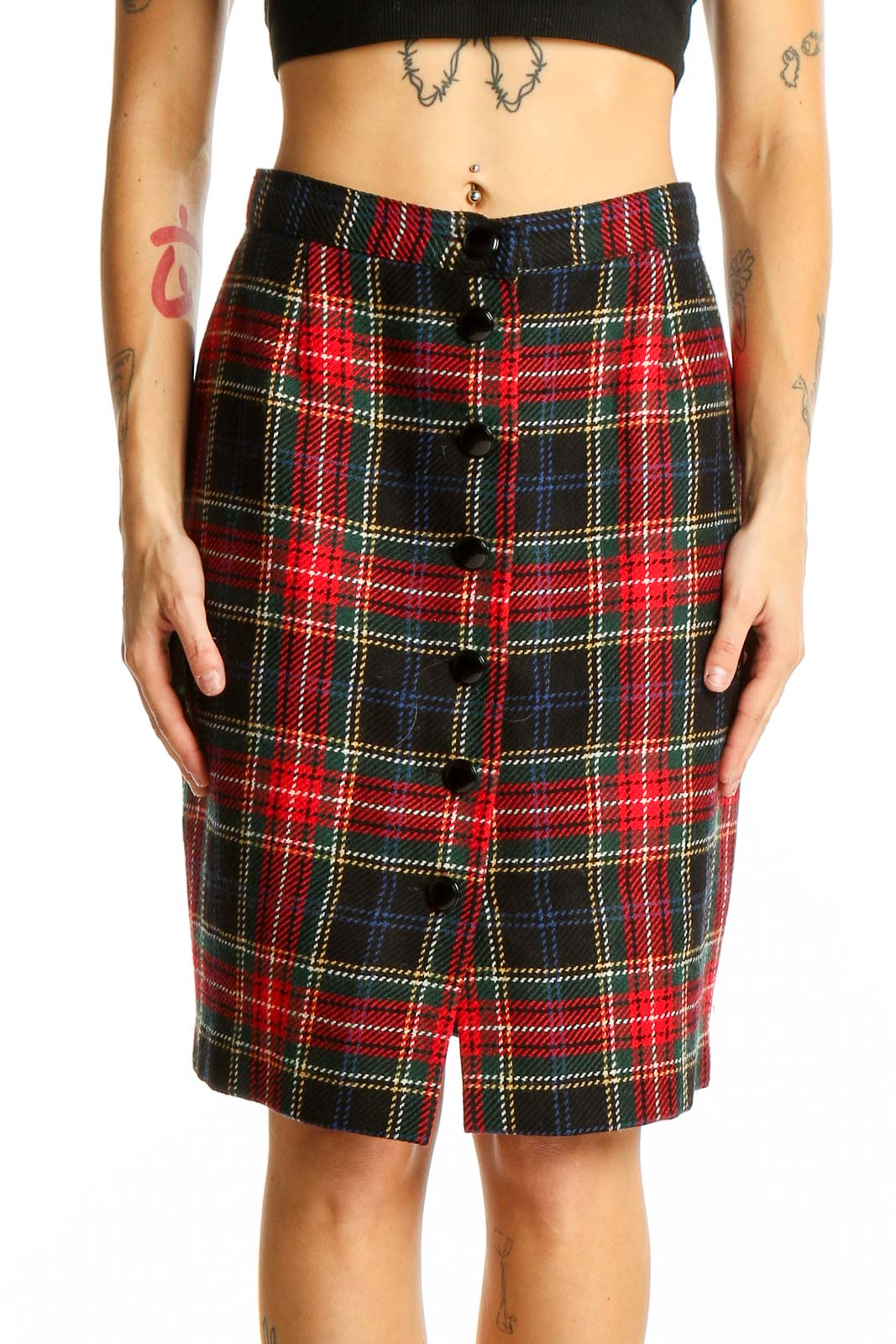 Front view of SilkRoll red plaid wool pencil skirt with button closure