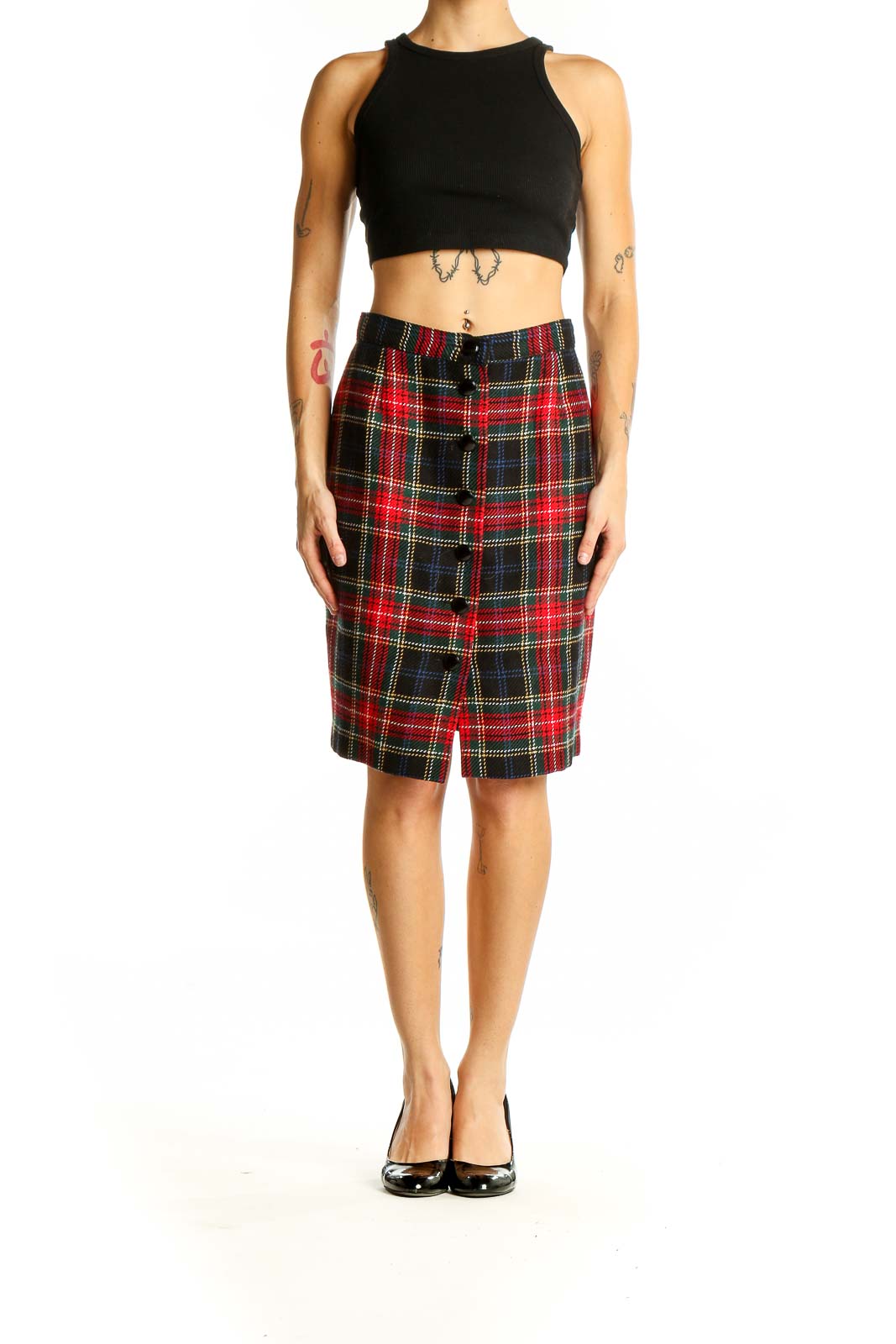 Front view of SilkRoll red plaid wool pencil skirt with button closure