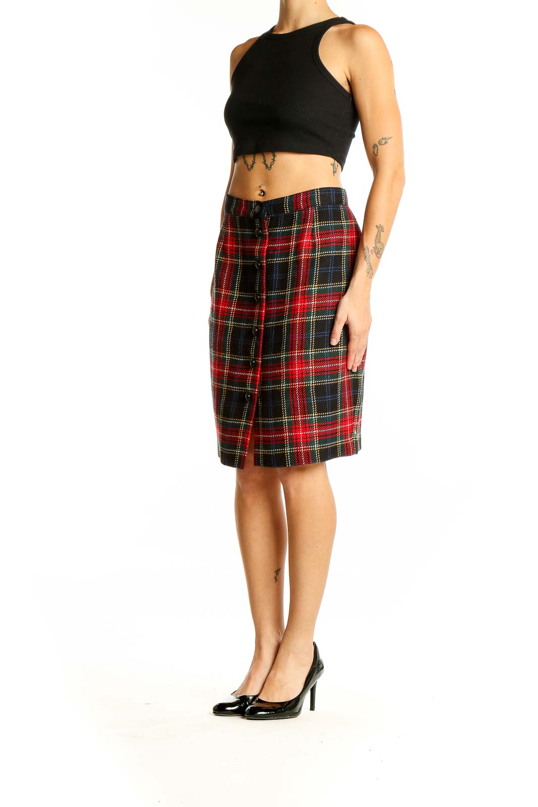 Front view of SilkRoll red plaid wool pencil skirt with button closure