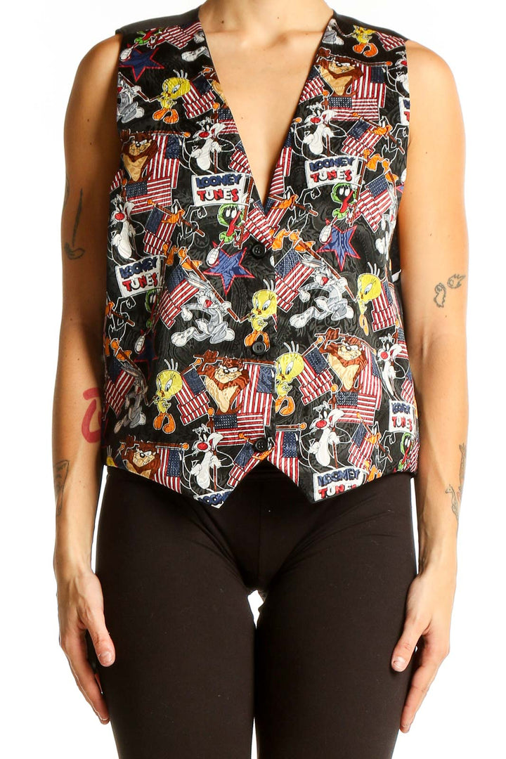 Front view of multicolor Looney Tunes character print vest with American flags