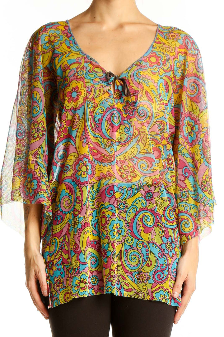 Front view of Alba Chiara Multicolor Psychedelic Print Tunic Top with bell sleeves