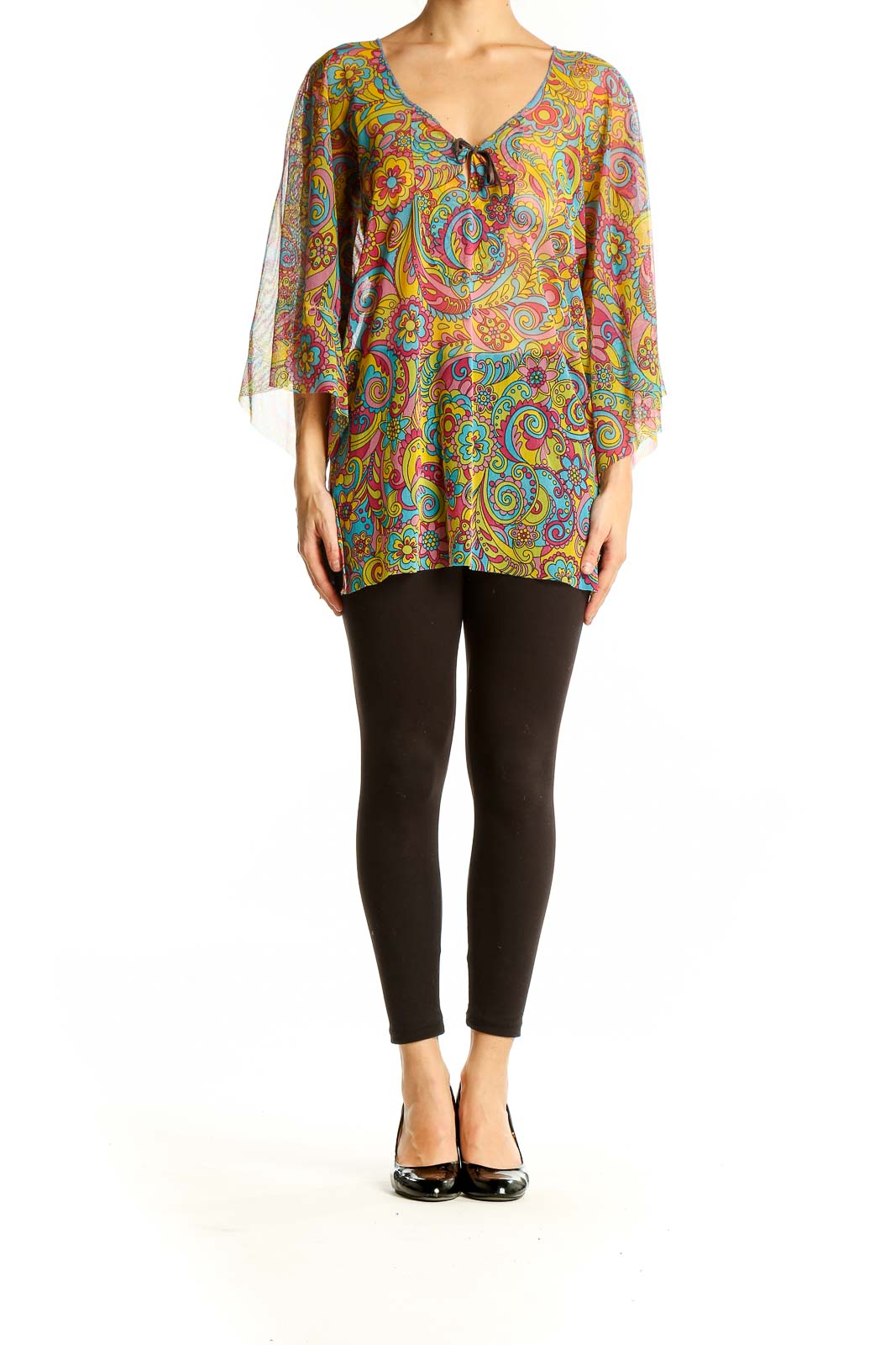 Front view of Alba Chiara Multicolor Psychedelic Print Tunic Top with bell sleeves