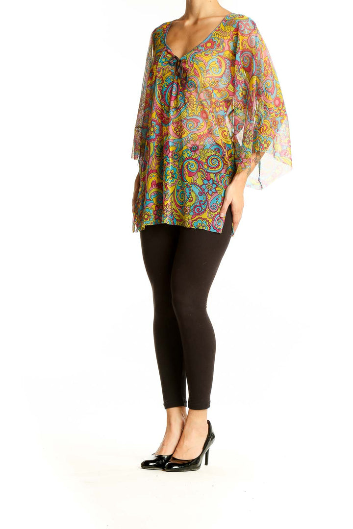 Front view of Alba Chiara Multicolor Psychedelic Print Tunic Top with bell sleeves