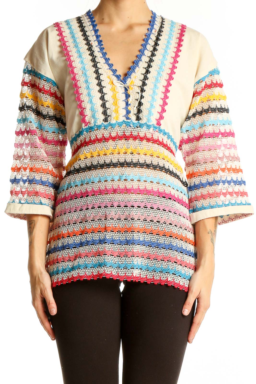 Front view of SilkRoll multicolor striped V-neck tunic top with crochet-like pattern