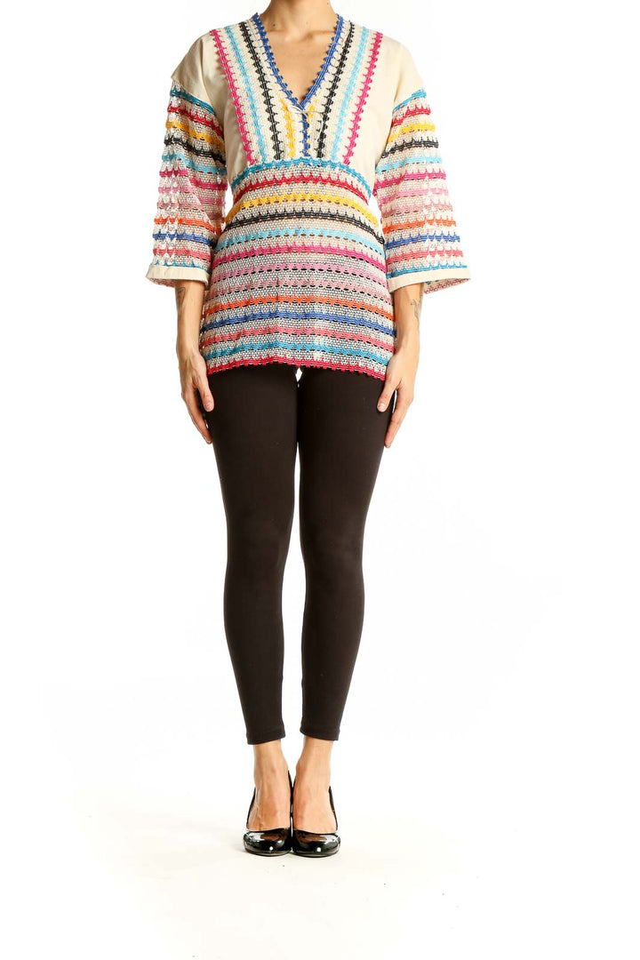 Front view of SilkRoll multicolor striped V-neck tunic top with crochet-like pattern