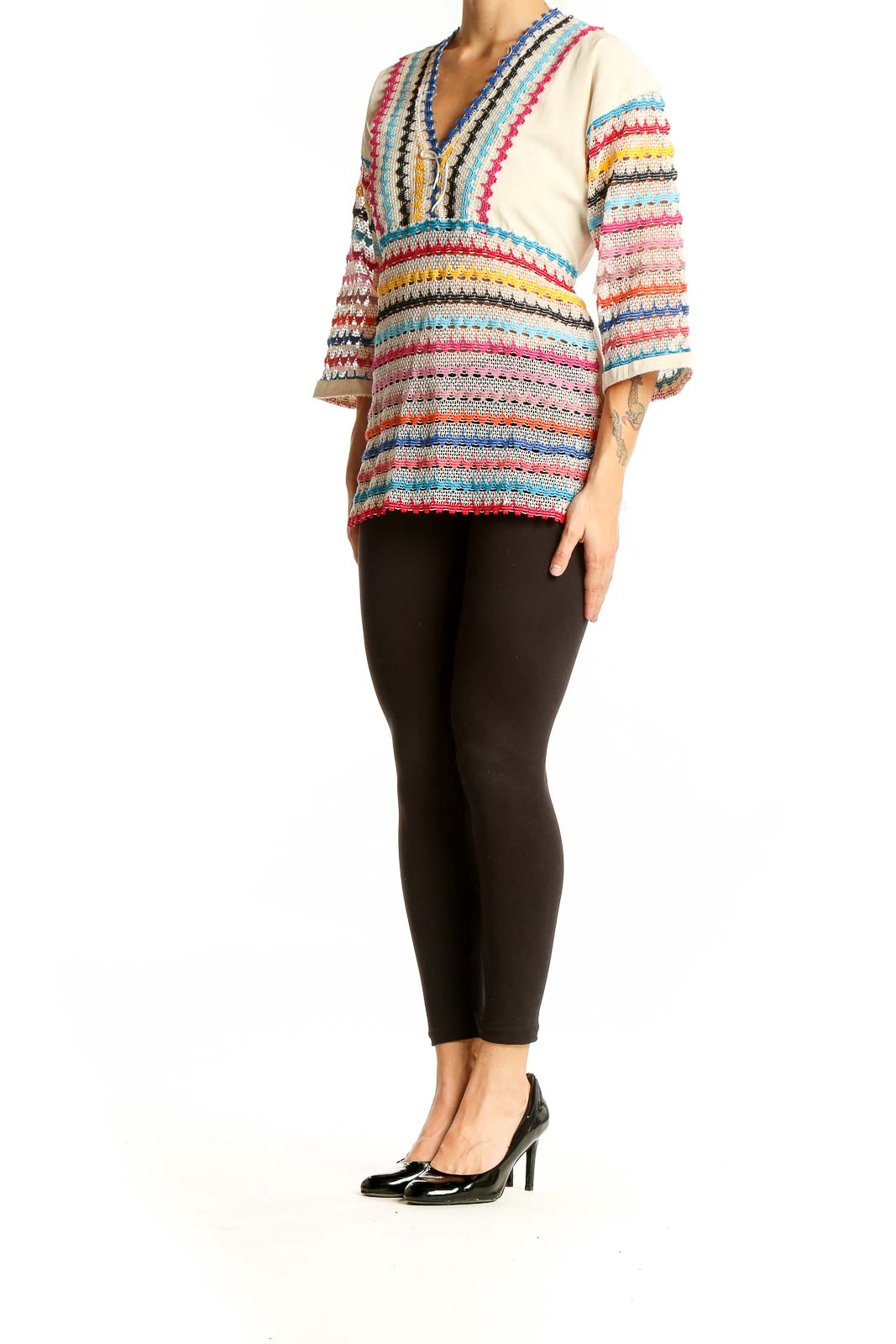 Front view of SilkRoll multicolor striped V-neck tunic top with crochet-like pattern