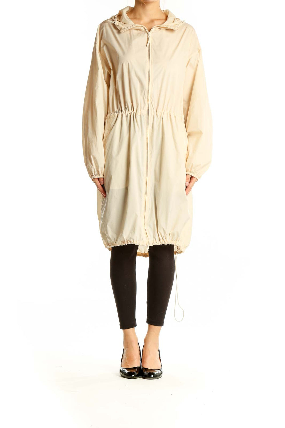 Front view of Uniqlo beige hooded parka jacket with drawstring waist