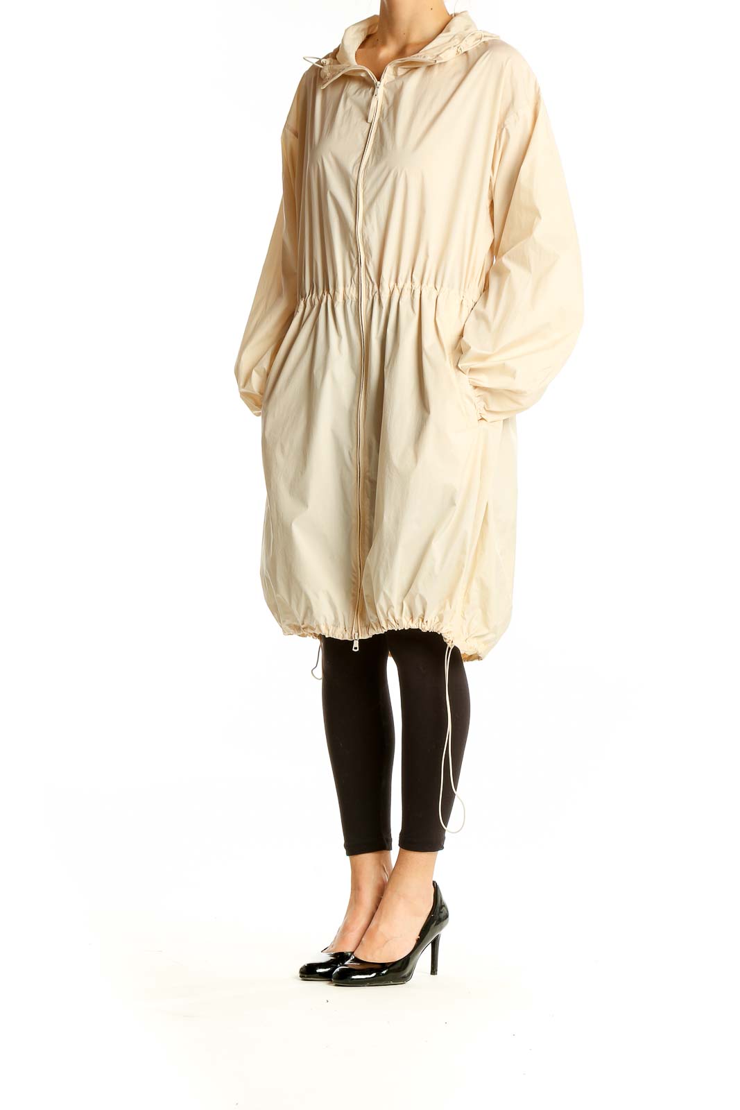 Front view of Uniqlo beige hooded parka jacket with drawstring waist