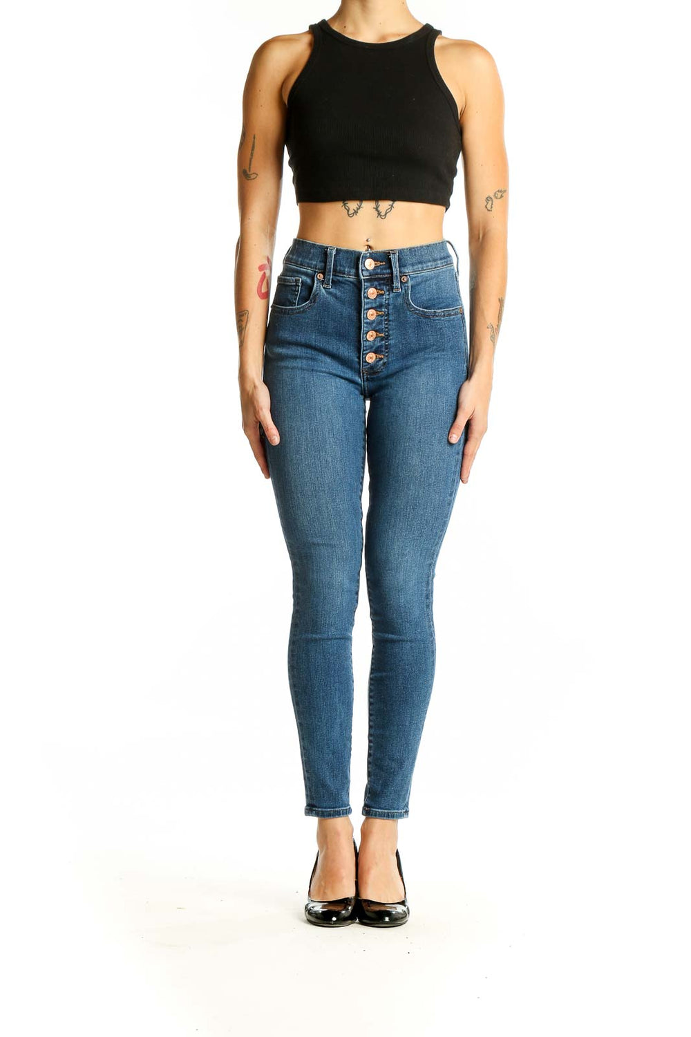 Front view of Express blue high-waisted skinny jeans with button-fly