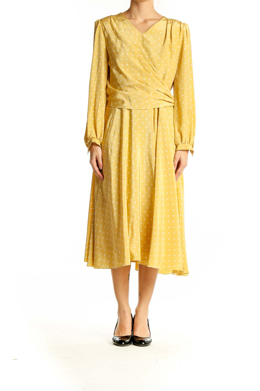 Front view of yellow polka dot wrap midi dress by SilkRoll