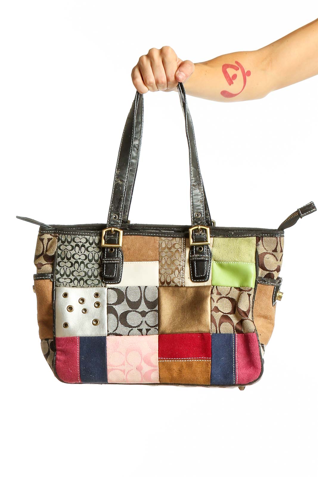 Front view of Coach multicolor patchwork leather shoulder bag