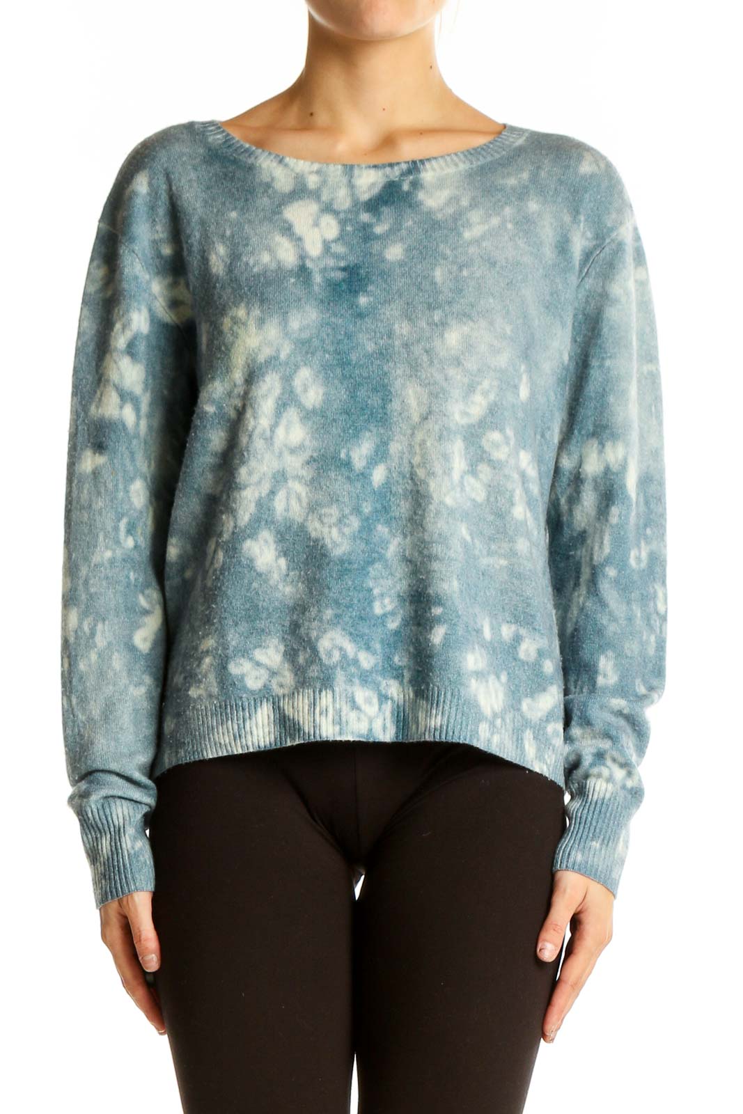 Front view of blue tie-dye cashmere sweater by Autumn Cashmere