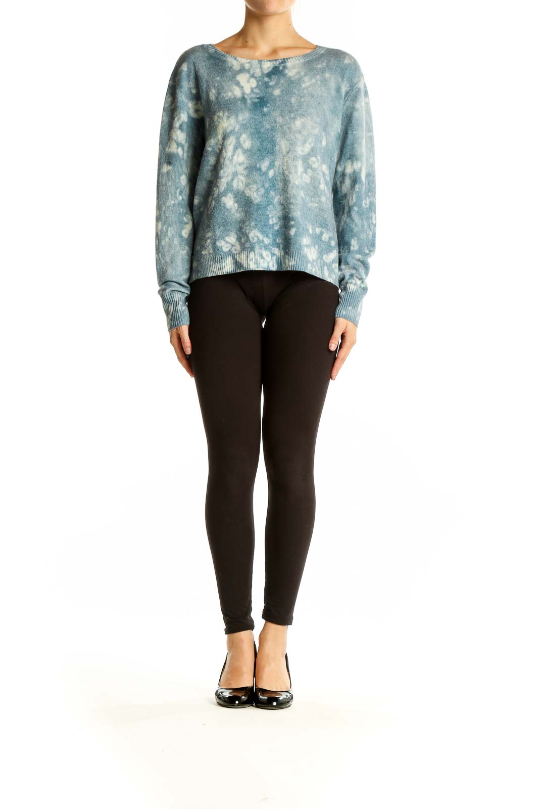 Front view of blue tie-dye cashmere sweater by Autumn Cashmere