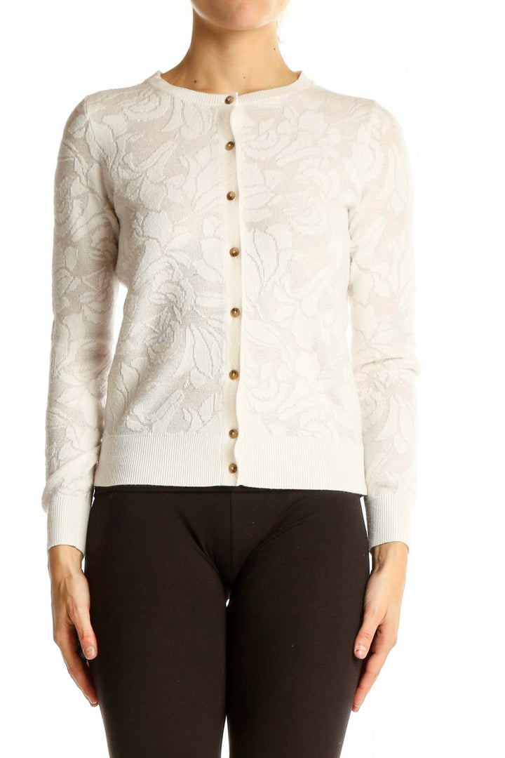 Front view of Ann Taylor Petites white floral textured cardigan