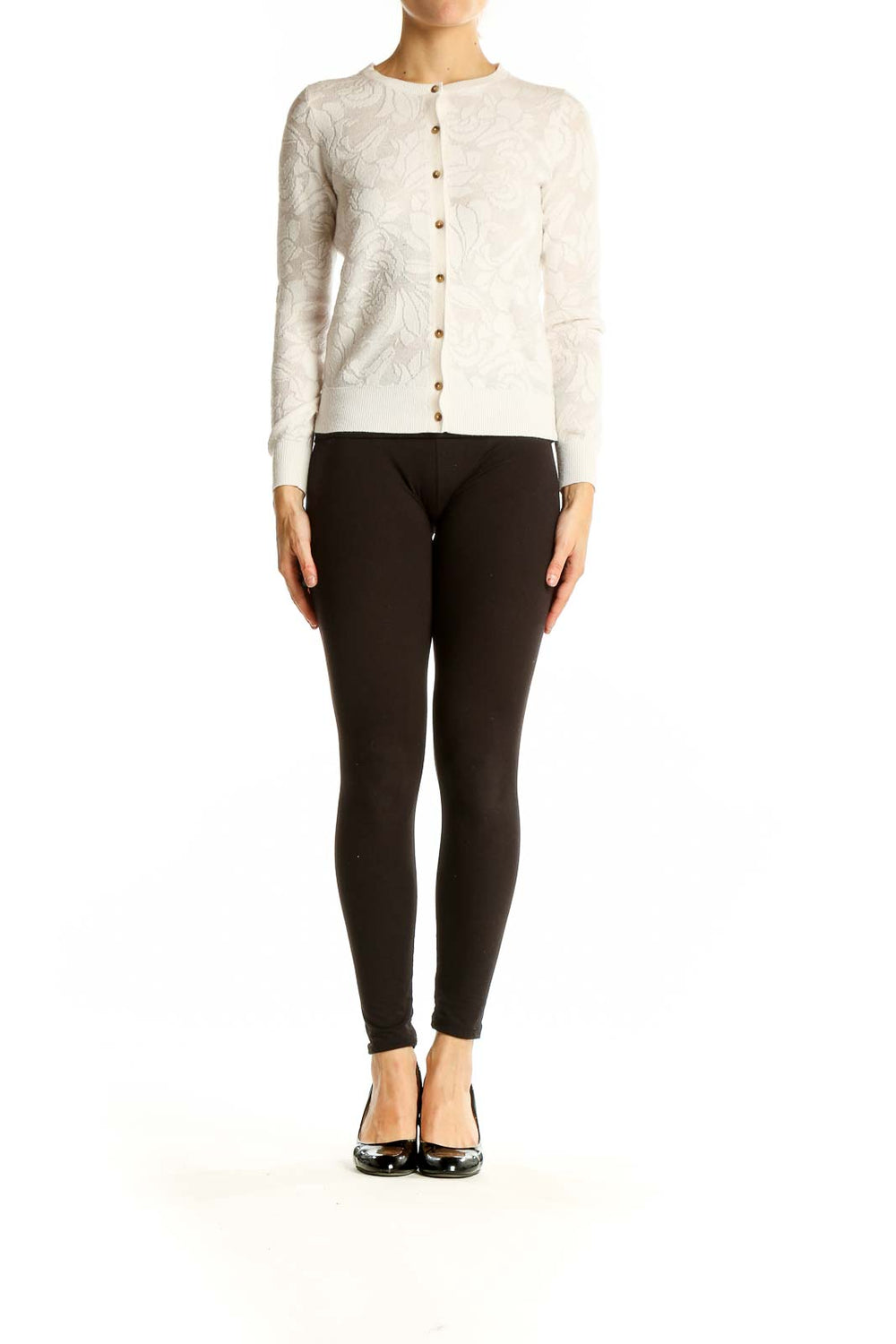 Front view of Ann Taylor Petites white floral textured cardigan