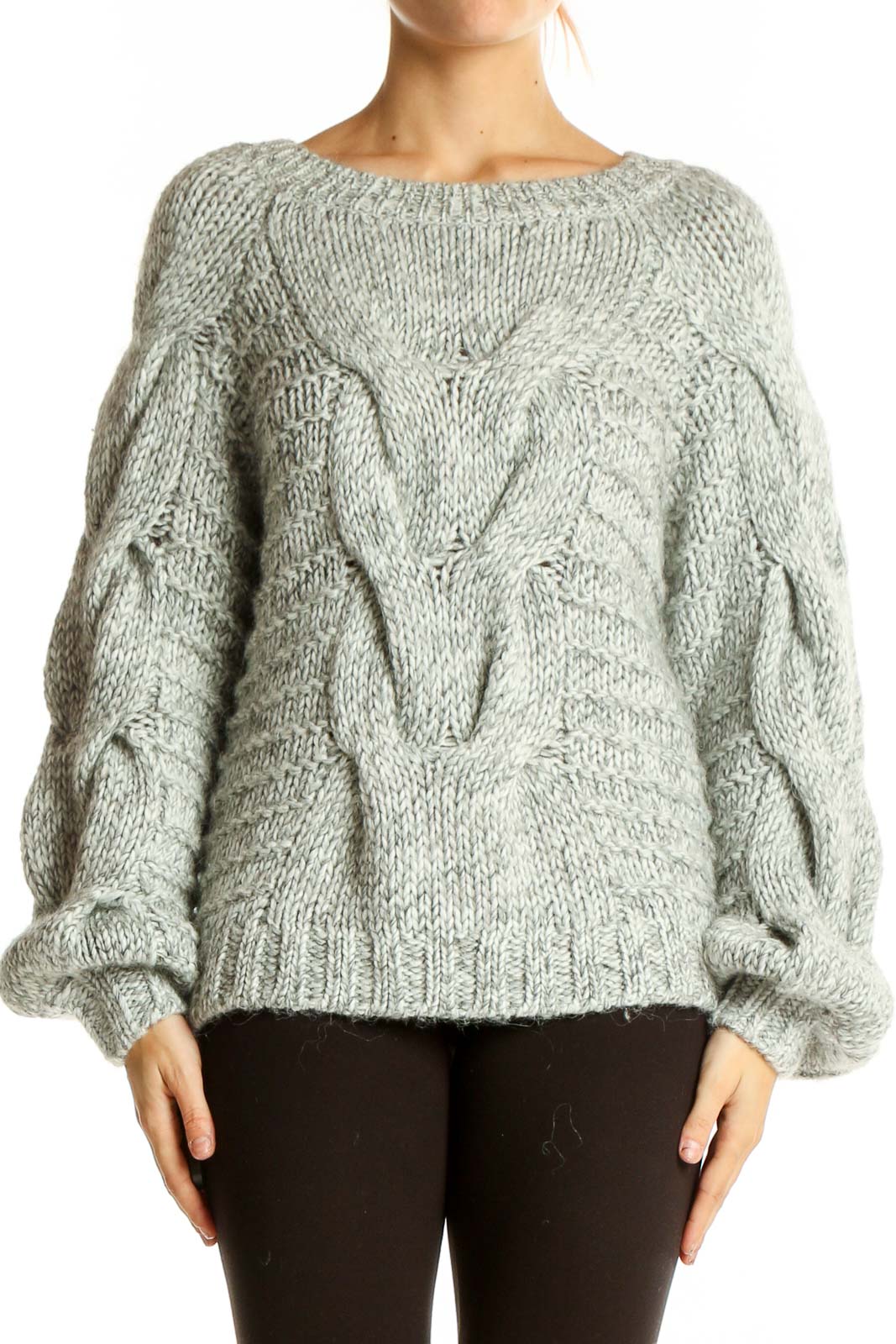 Front view of gray chunky cable knit oversized sweater from Gap