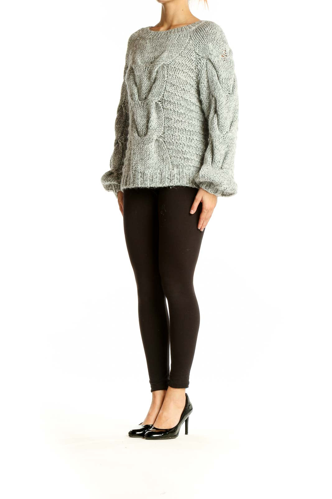 Front view of gray chunky cable knit oversized sweater from Gap