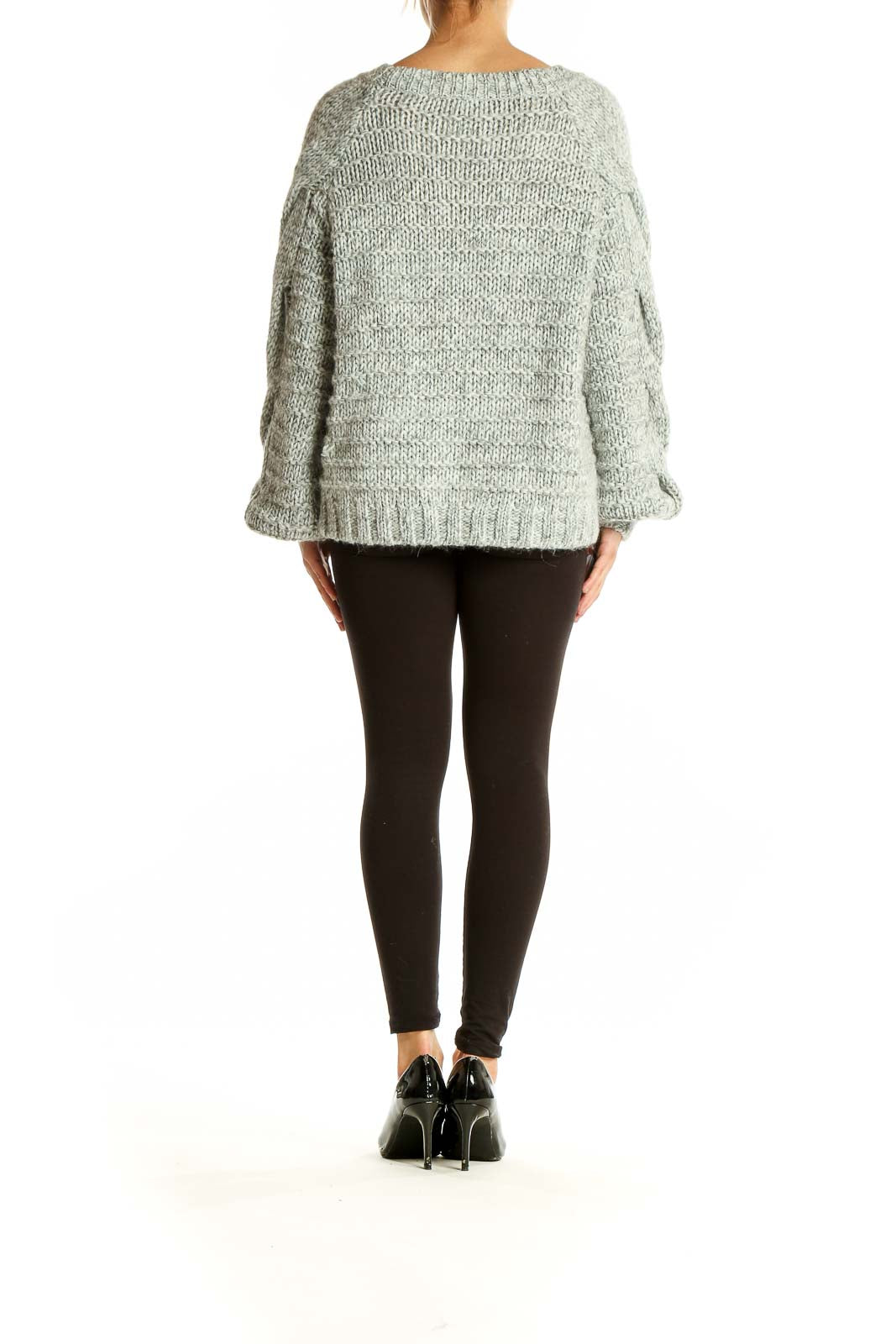 Back view of gray chunky cable knit oversized sweater from Gap