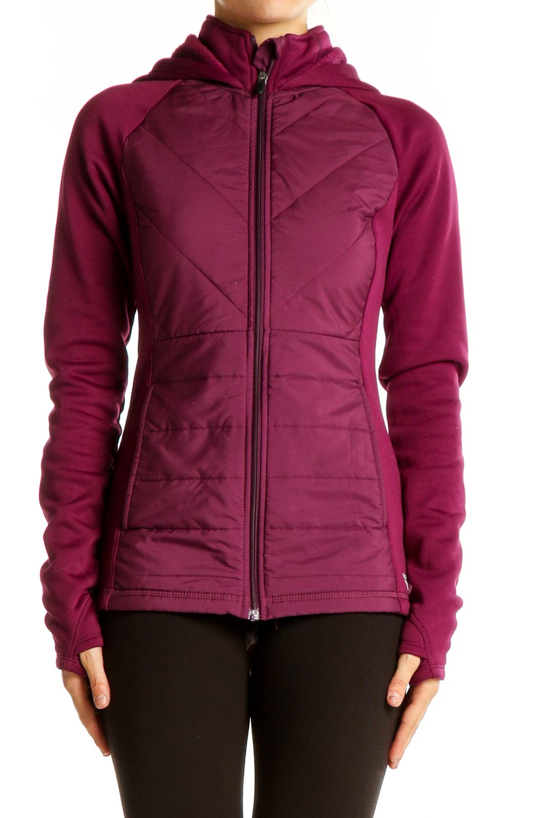 Front view of burgundy quilted Fila activewear jacket with hood