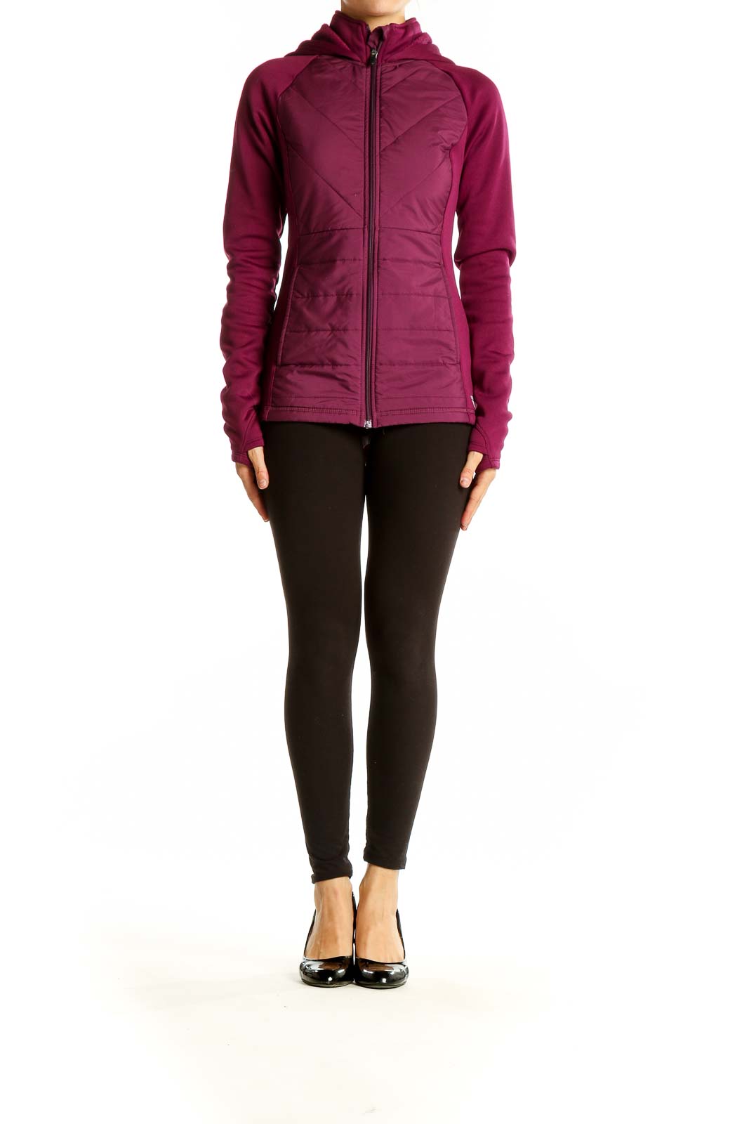 Front view of burgundy quilted Fila activewear jacket with hood