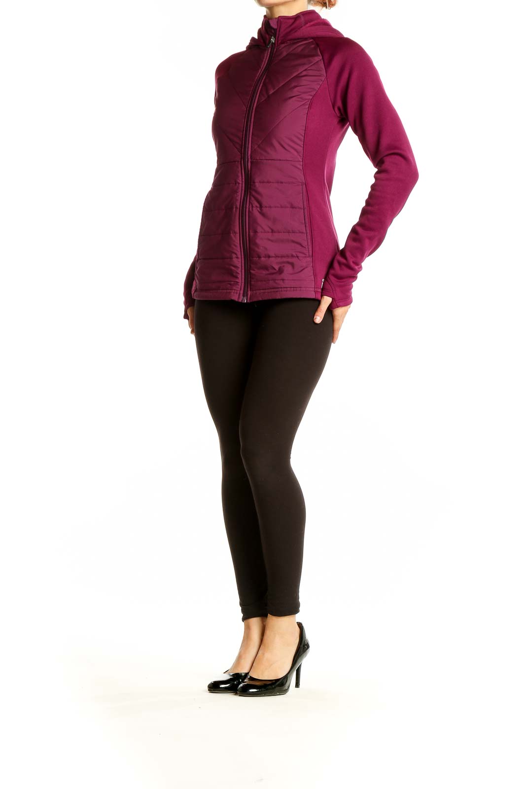 Front view of burgundy quilted Fila activewear jacket with hood