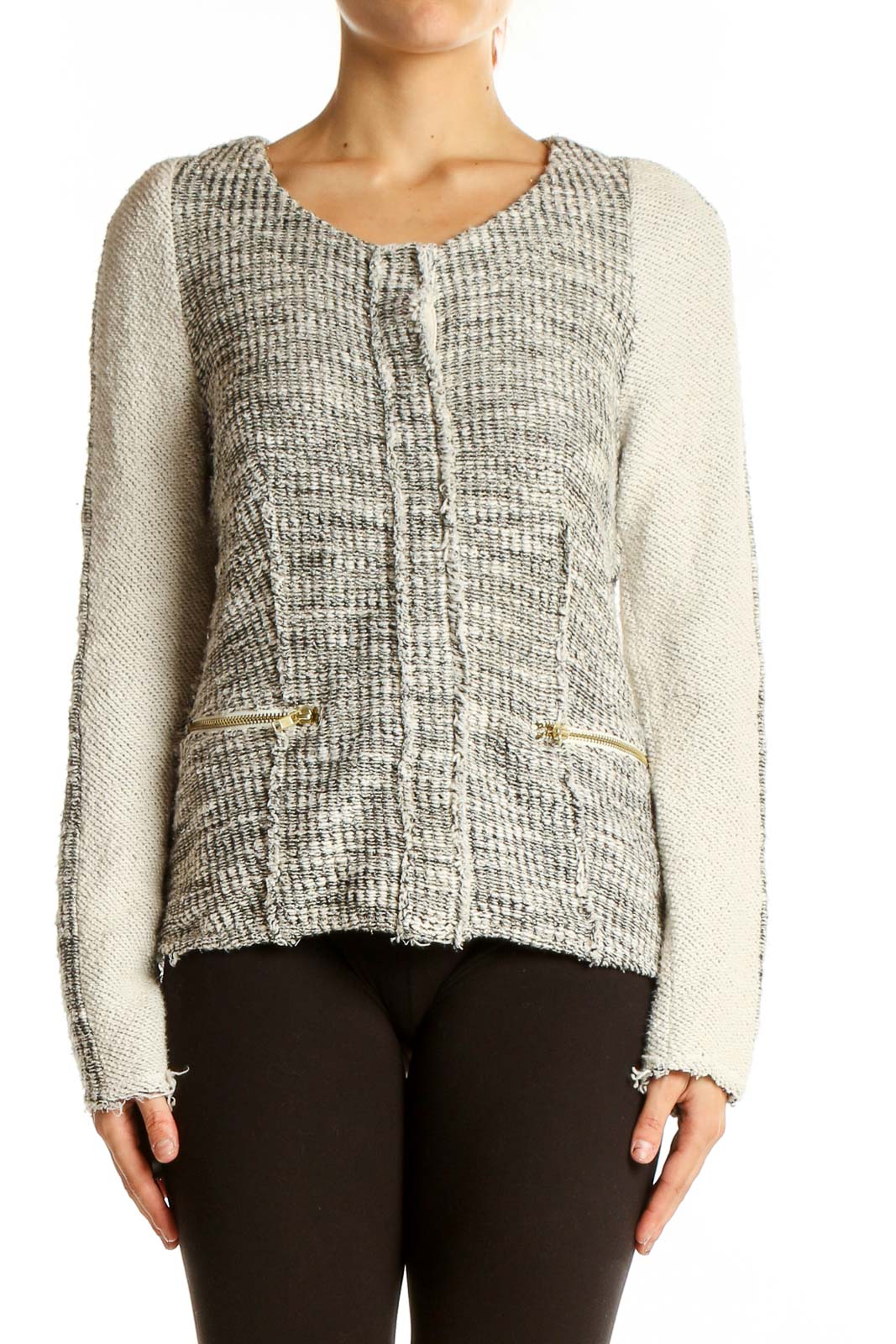 Front view of Cartonnier gray textured knit cardigan with zip pockets