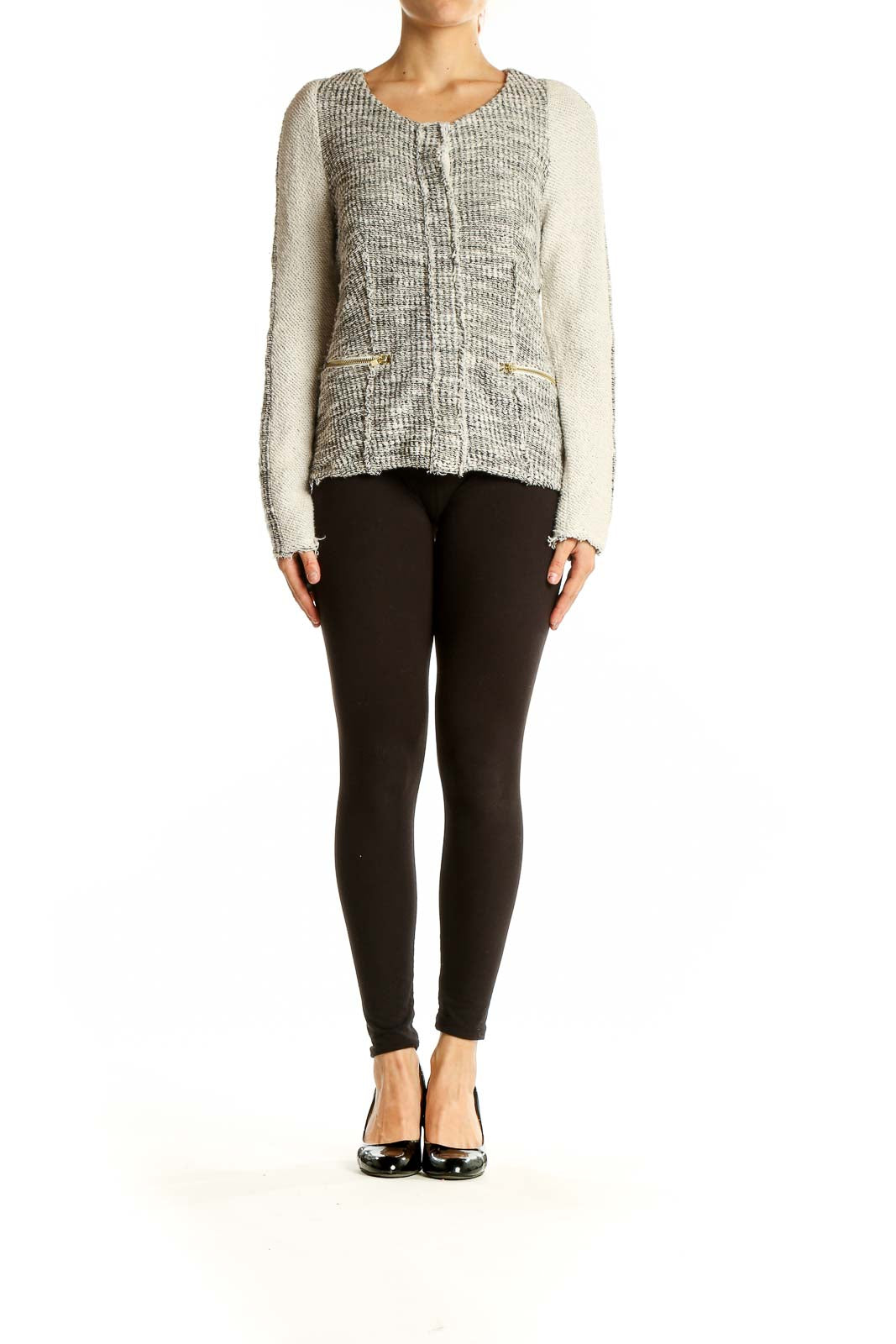 Front view of Cartonnier gray textured knit cardigan with zip pockets