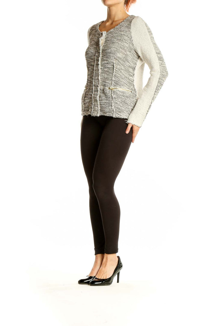 Front view of Cartonnier gray textured knit cardigan with zip pockets