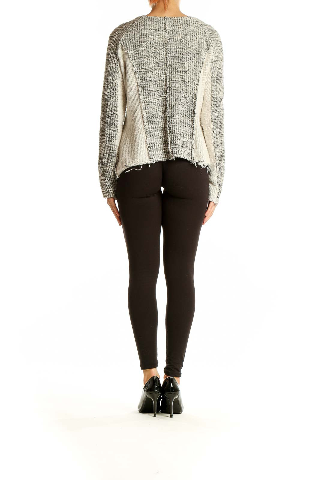 Side view of Cartonnier gray textured knit cardigan showing contrast sleeves