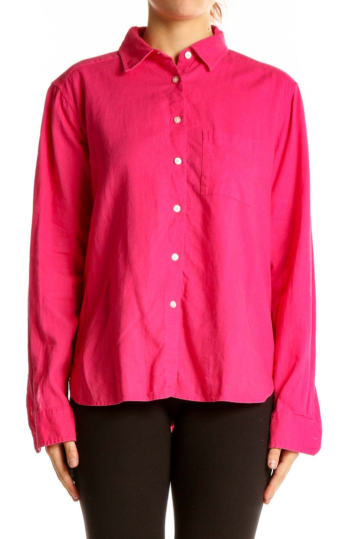 Front view of hot pink Ann Taylor LOFT button-down shirt with chest pocket