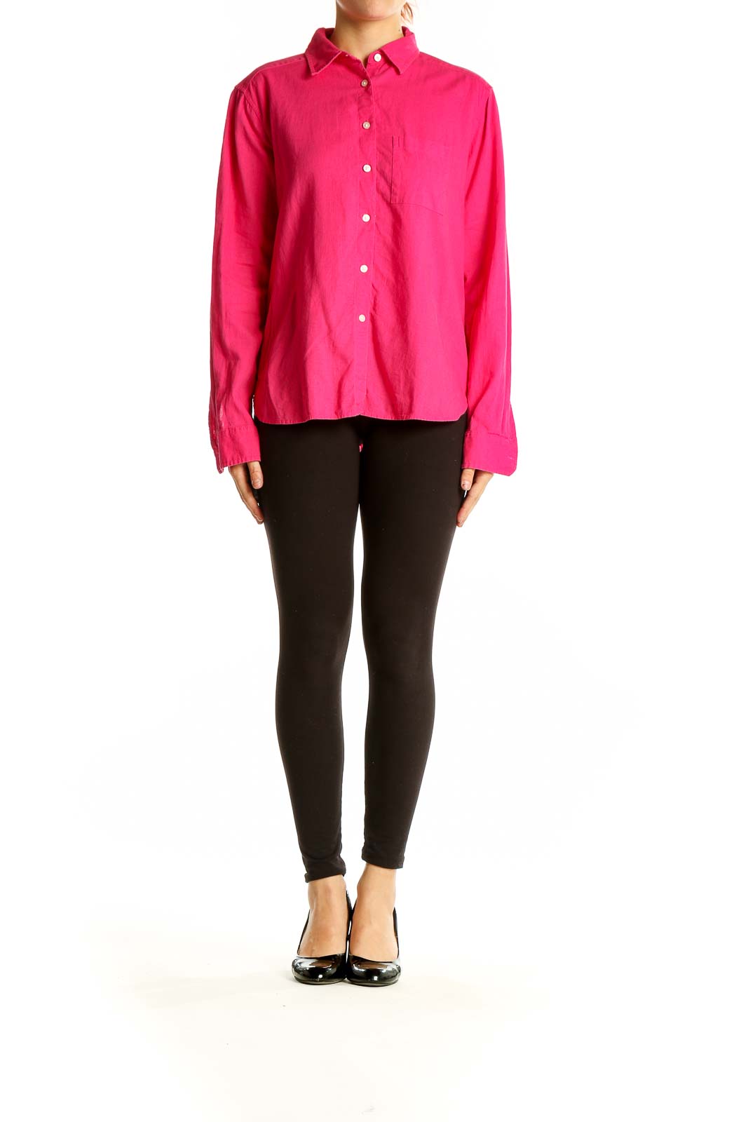 Front view of hot pink Ann Taylor LOFT button-down shirt with chest pocket