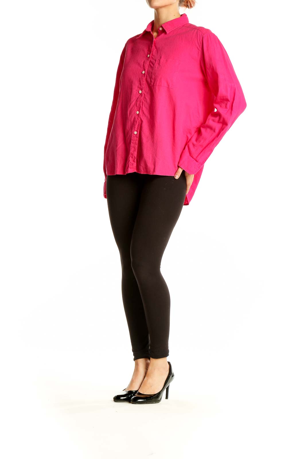 Front view of hot pink Ann Taylor LOFT button-down shirt with chest pocket