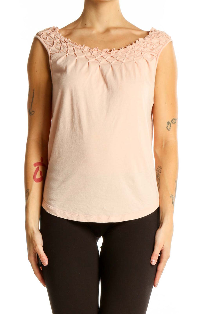 Front view of Maeve blush sleeveless top with ruched neckline