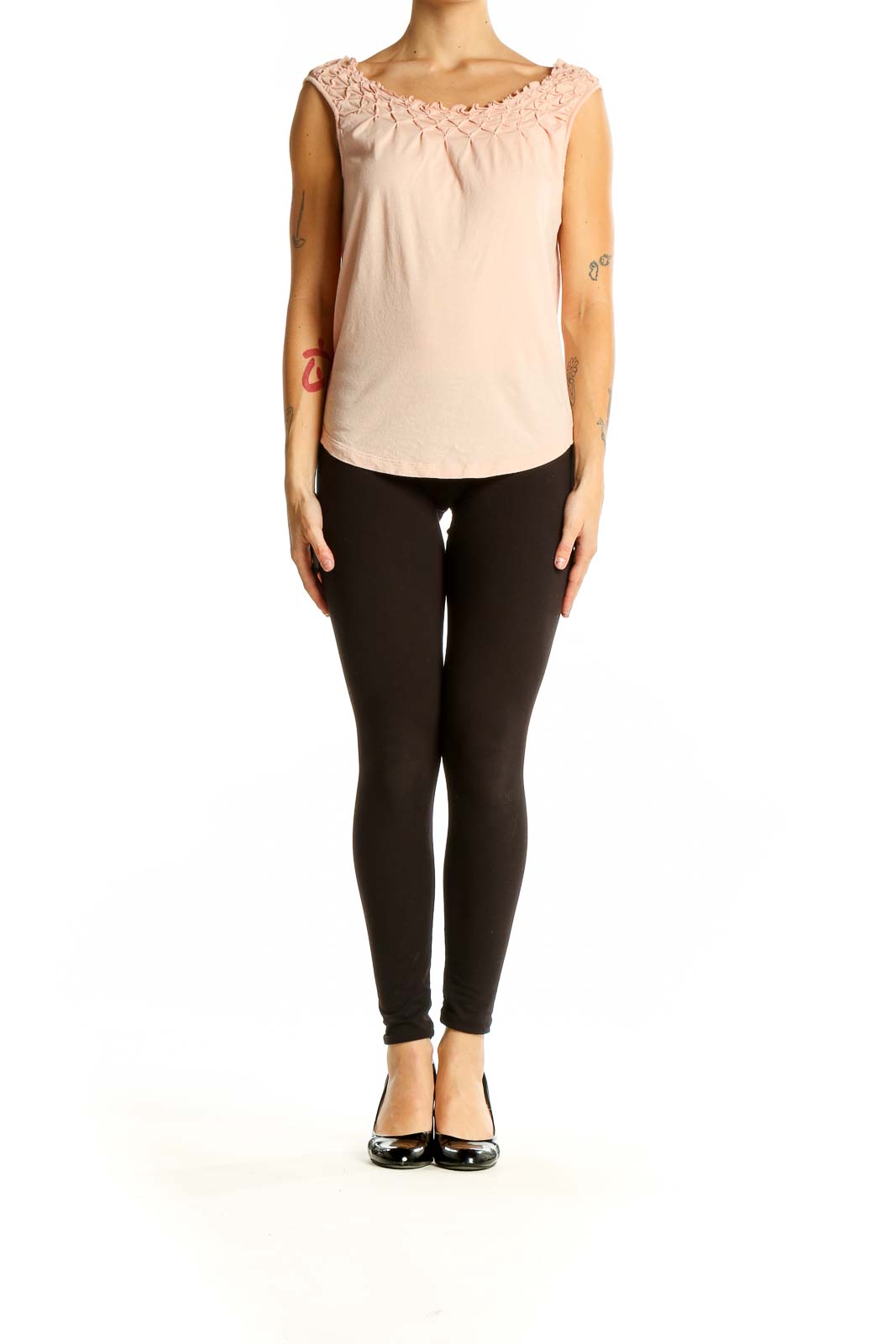 Front view of Maeve blush sleeveless top with ruched neckline