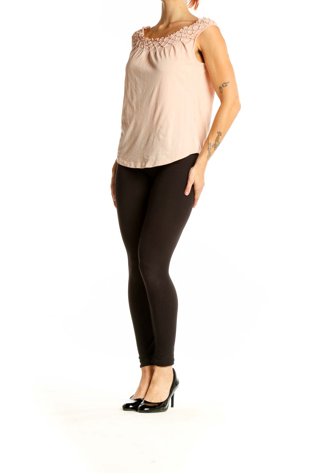 Front view of Maeve blush sleeveless top with ruched neckline