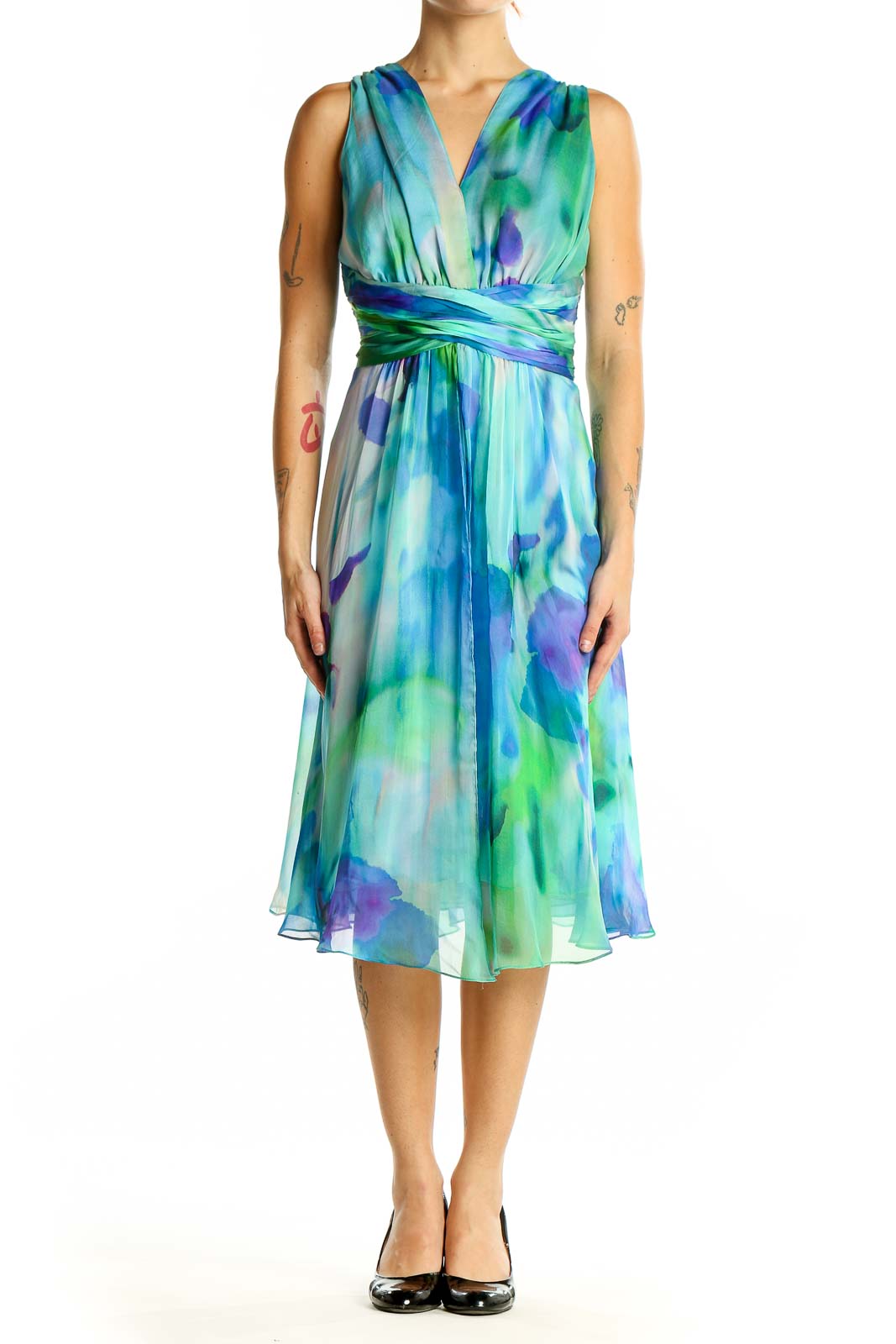 Front view of Blue and Green Watercolor Silk Cocktail Dress by Rickie Freeman for Teri Jon