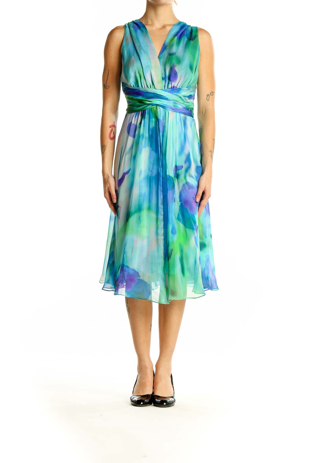 Front view of Blue and Green Watercolor Silk Cocktail Dress by Rickie Freeman for Teri Jon