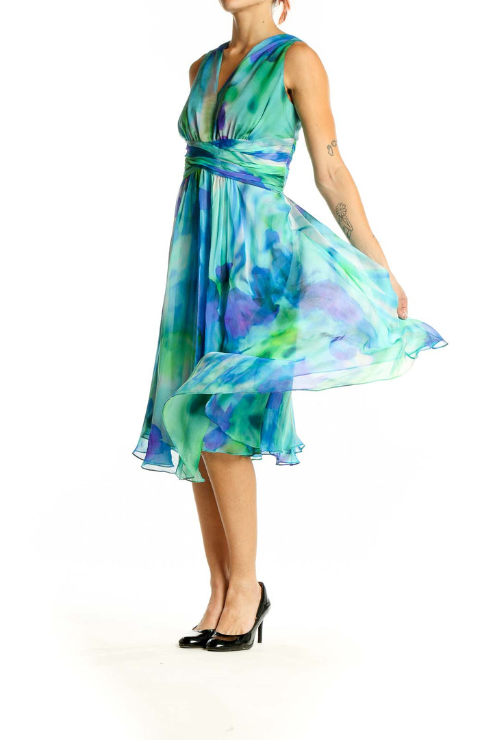 Front view of Blue and Green Watercolor Silk Cocktail Dress by Rickie Freeman for Teri Jon