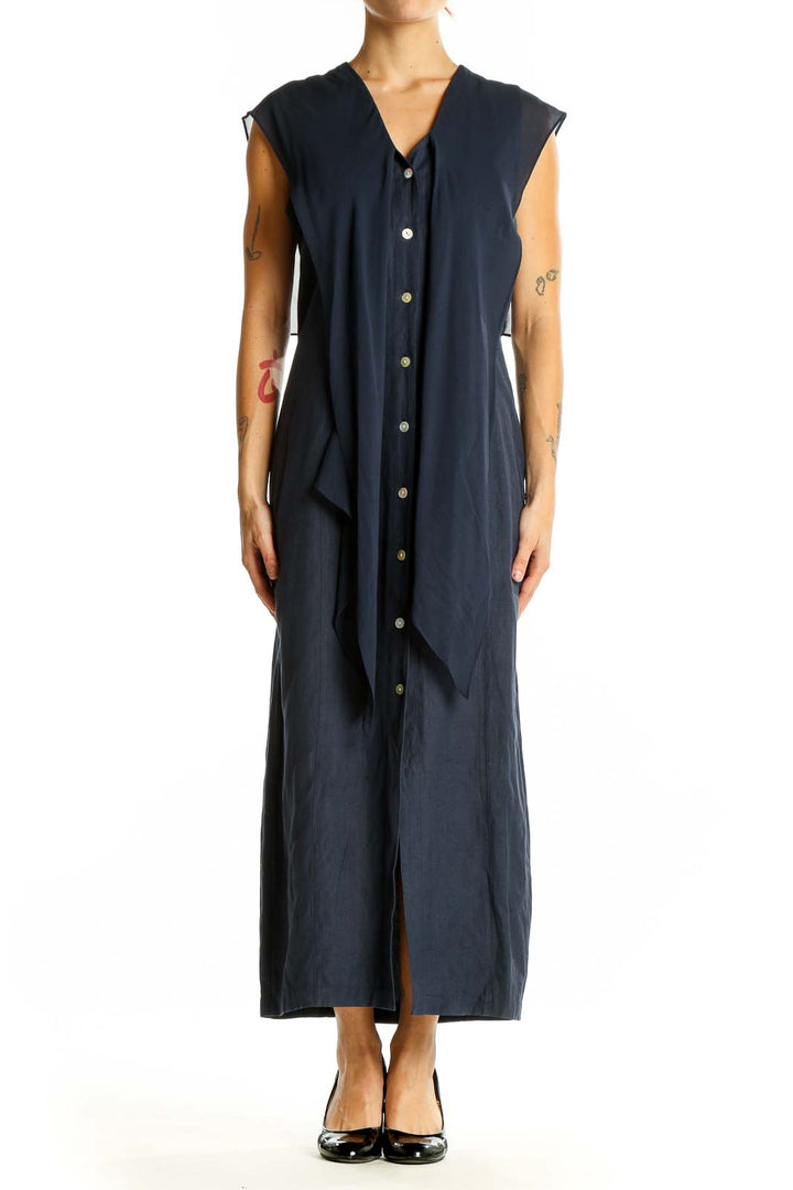 Front view of navy button-down maxi dress with ruffle detail