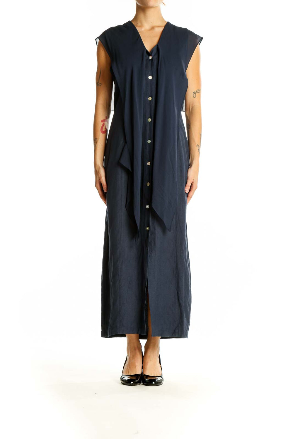 Front view of navy button-down maxi dress with ruffle detail