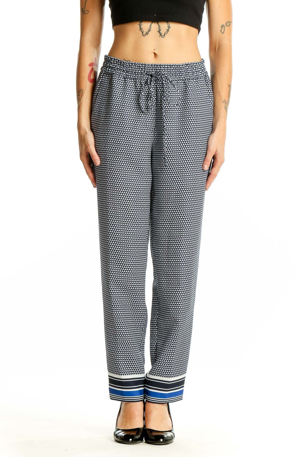 Front view of J.Crew gray geometric print pants with drawstring waist