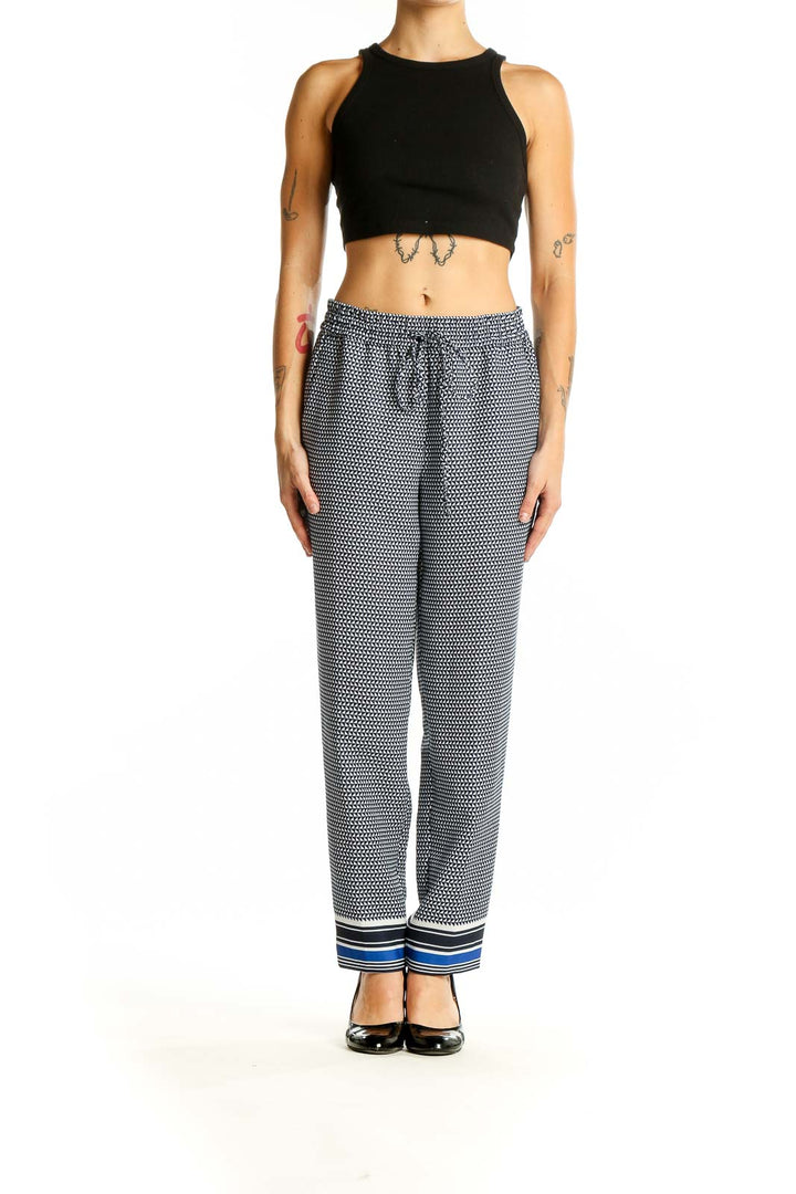 Front view of J.Crew gray geometric print pants with drawstring waist