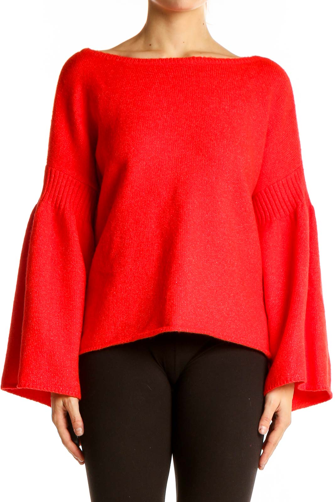 Front view of red bell sleeve knit sweater from Lou & Grey