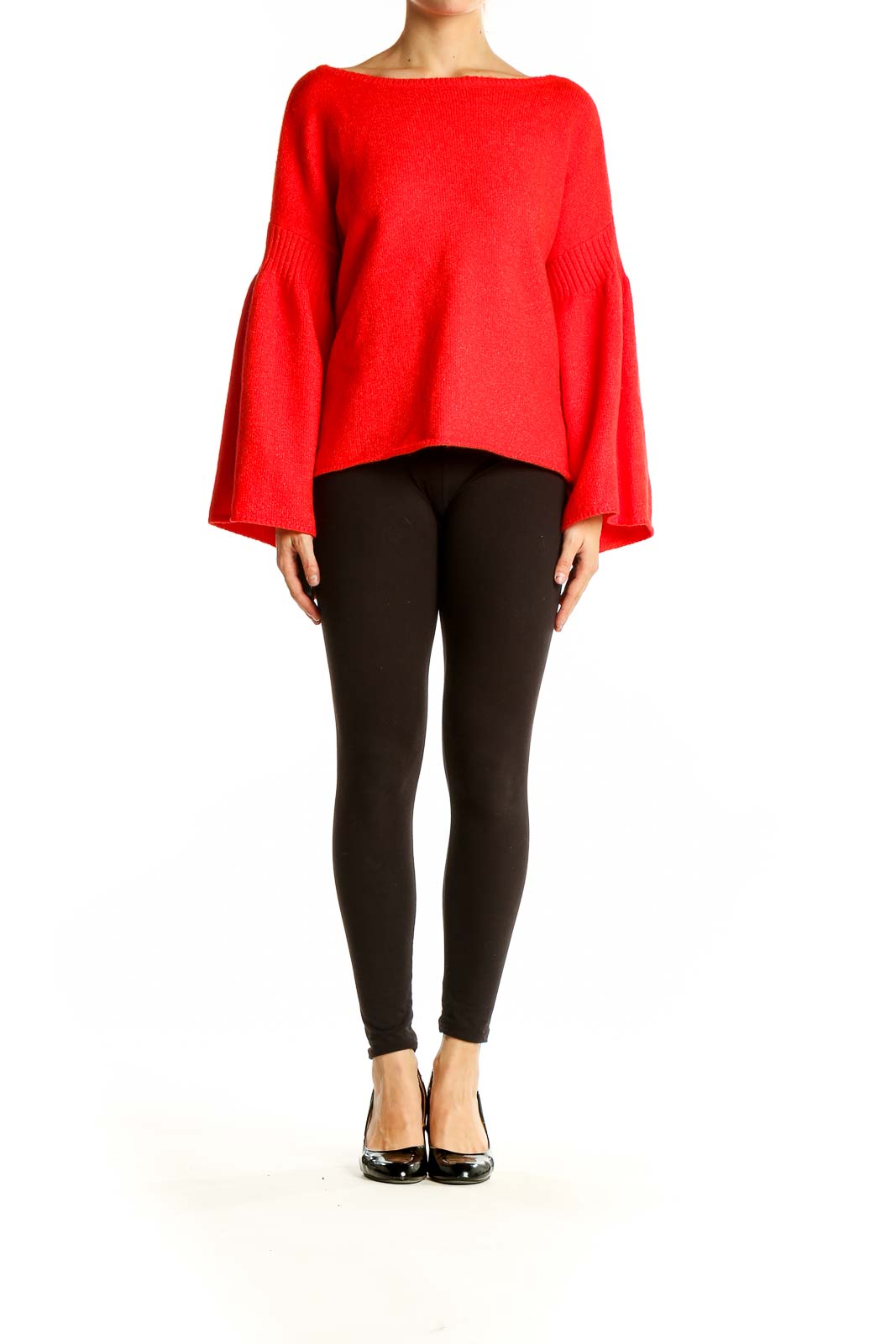 Front view of red bell sleeve knit sweater from Lou & Grey