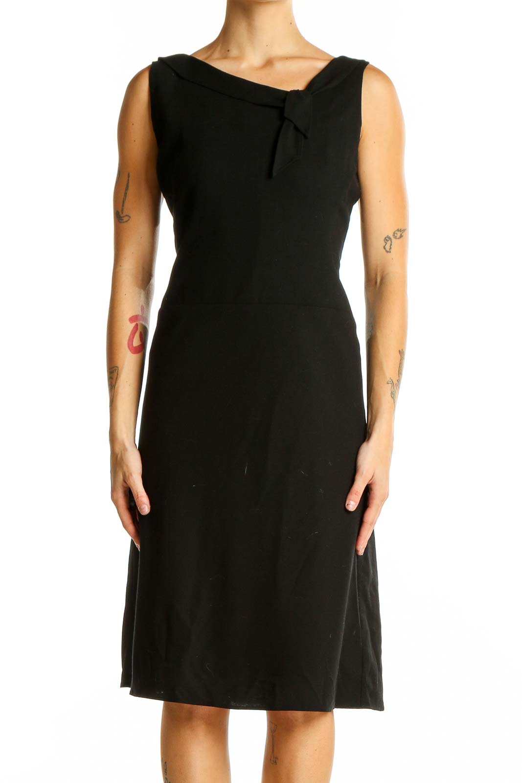 Front view of Ann Taylor LOFT black wool blend A-line dress with twisted neckline